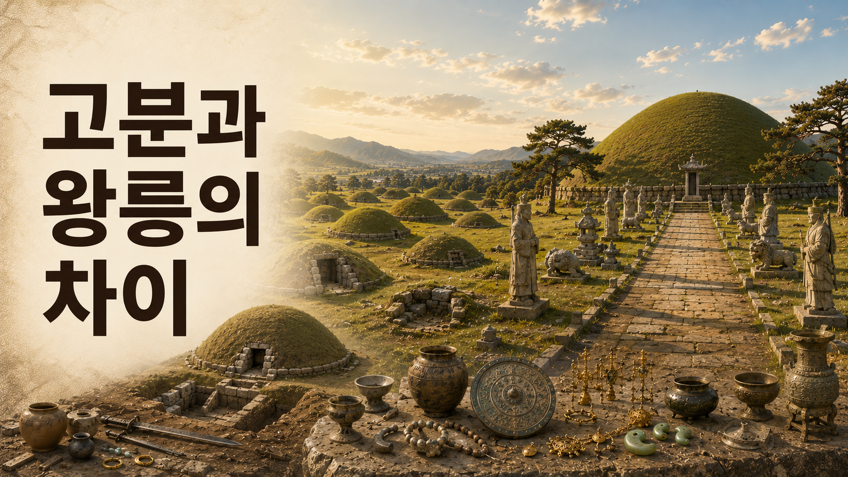 한국 고대 문화유산인 고분과 왕릉의 구조와 규모, 장례문화의 차이를 사실적으로 비교한 역사 문화유산 이미지.