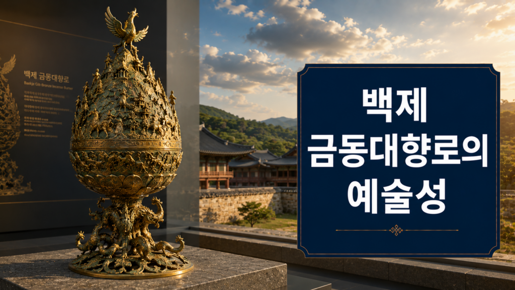 백제 금동대향로의 정교한 봉황 장식과 산 모양 뚜껑을 사실적으로 표현한 대표 문화유산 이미지.