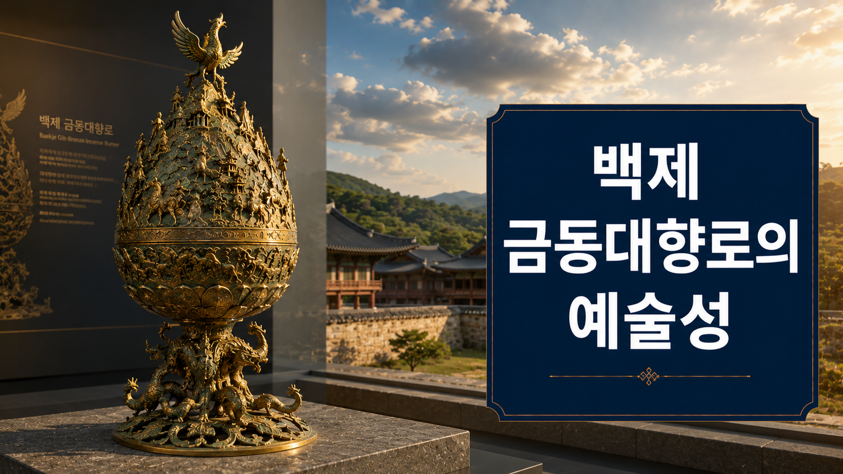 백제 금동대향로의 정교한 봉황 장식과 산 모양 뚜껑을 사실적으로 표현한 대표 문화유산 이미지.