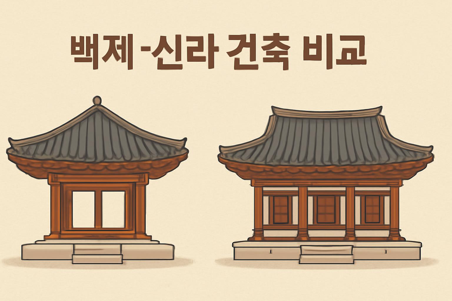 백제와 신라의 건축 양식 차이를 보여주는 고대 사찰과 건축 유적 비교 이미지입니다.