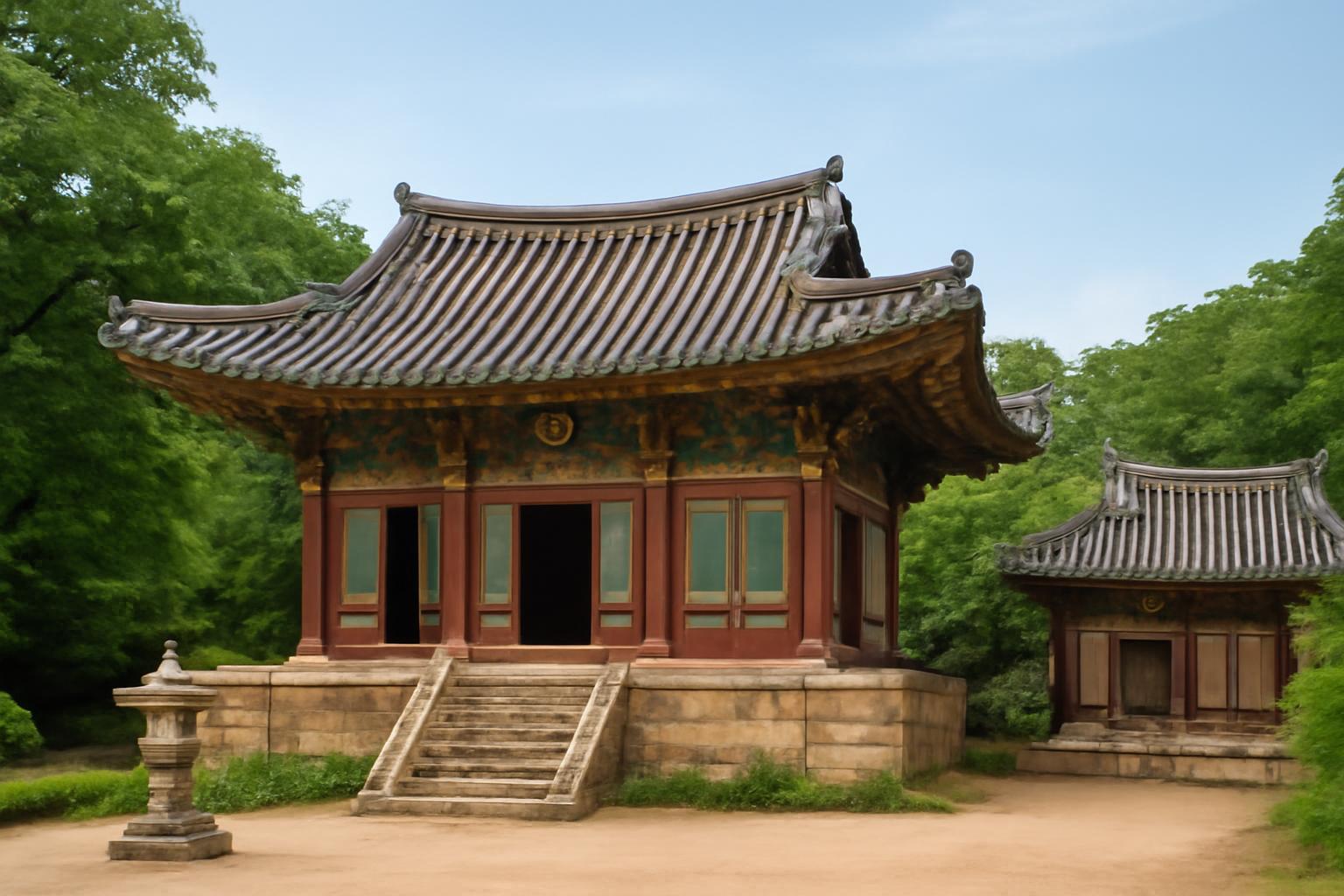 백제 사찰 건축의 아름다움을 담은 고대 사찰 전경을 보여주는 대표이미지입니다.
