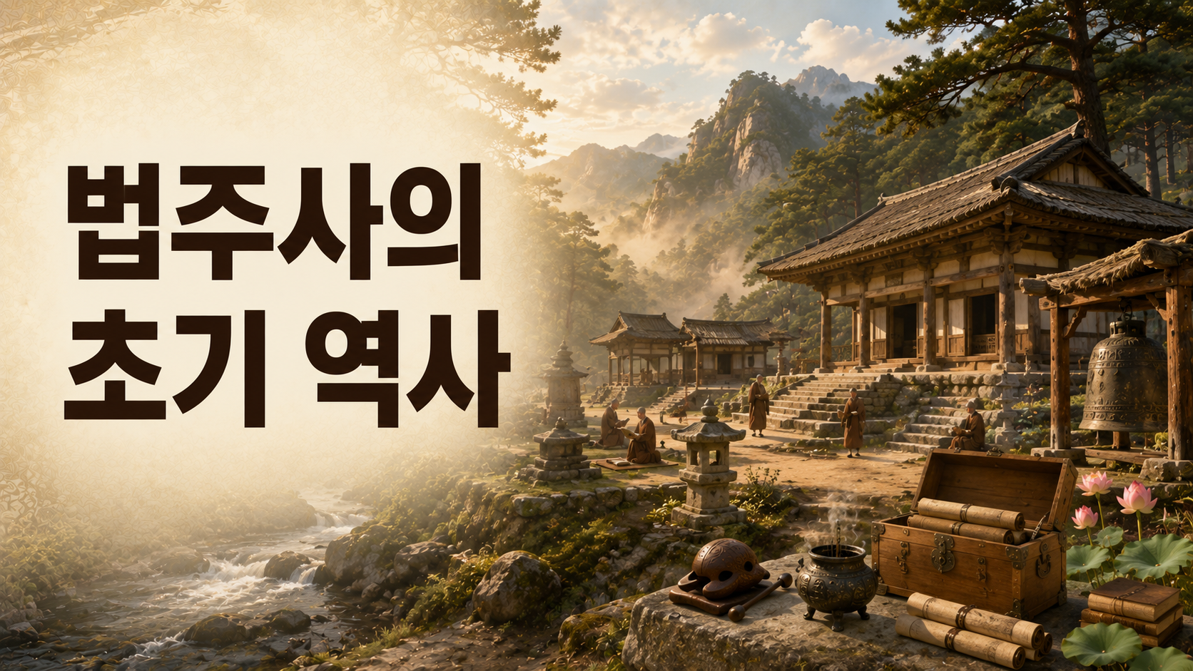 신라 시대 초기 법주사의 창건 모습을 속리산 자연과 함께 사실적으로 재현한 역사 문화유산 이미지.
