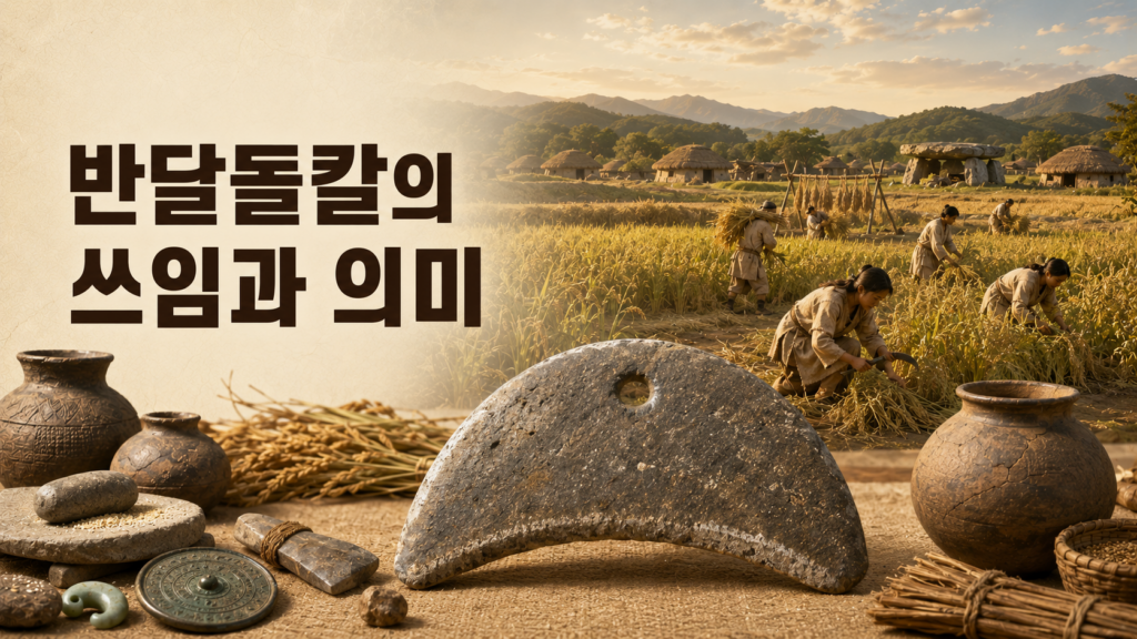 반달돌칼의 쓰임과 의미를 청동기 시대 농경문화와 함께 보여주는 한국 고대 문화유산 대표 이미지.