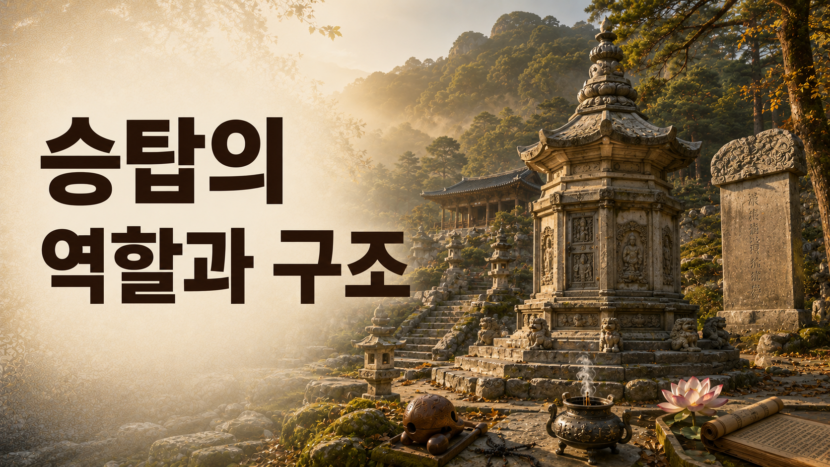 한국 고대 불교문화 속 팔각 원당형 승탑과 탑비를 산지 사찰 배경에 사실적으로 표현한 이미지.