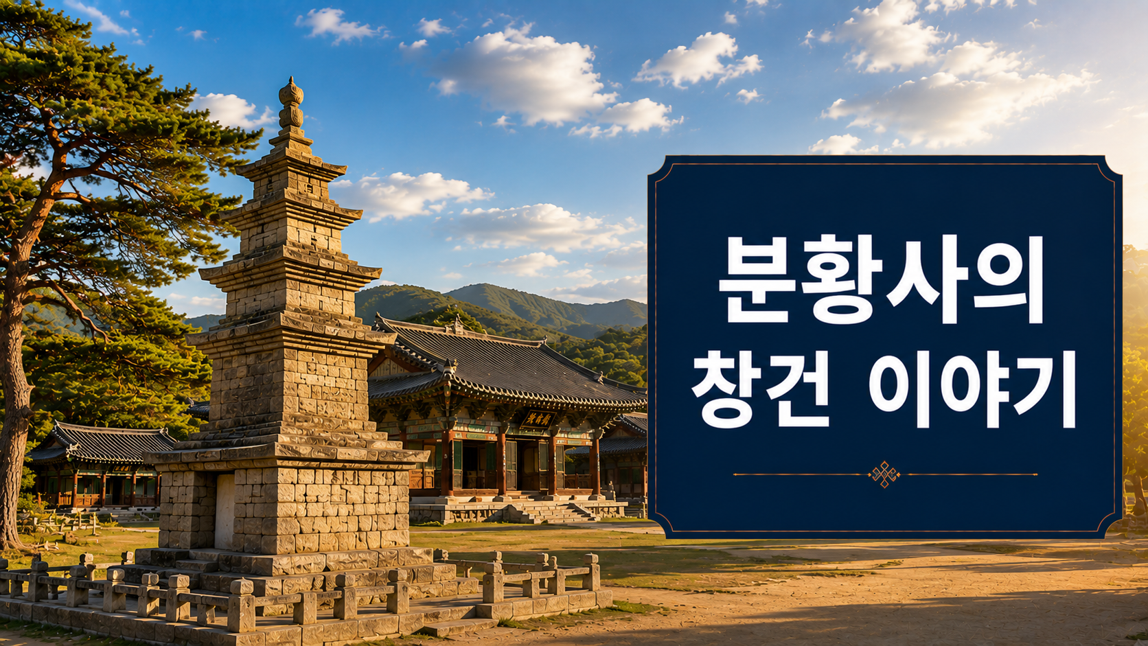 경주 분황사 모전석탑과 신라 시대 사찰을 사실적으로 표현한 한국 고대 문화유산 이미지.
