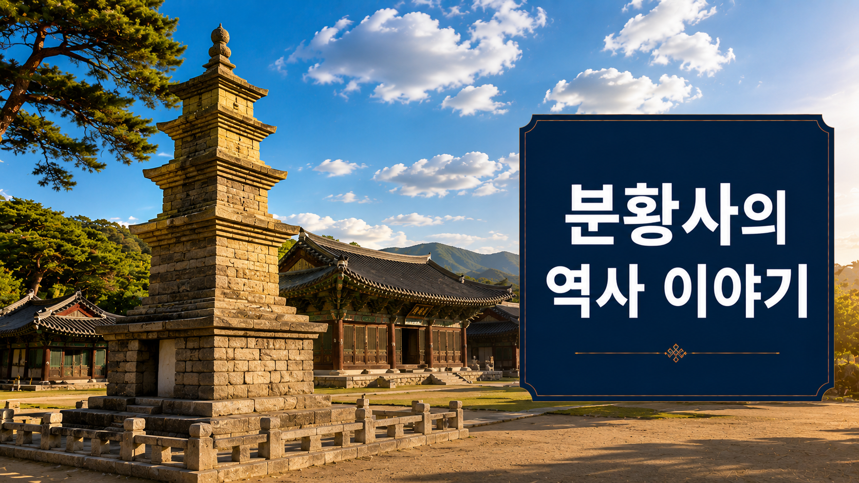 경주 분황사 모전석탑과 신라 시대 사찰을 사실적으로 표현한 한국 고대 문화유산 대표 이미지.