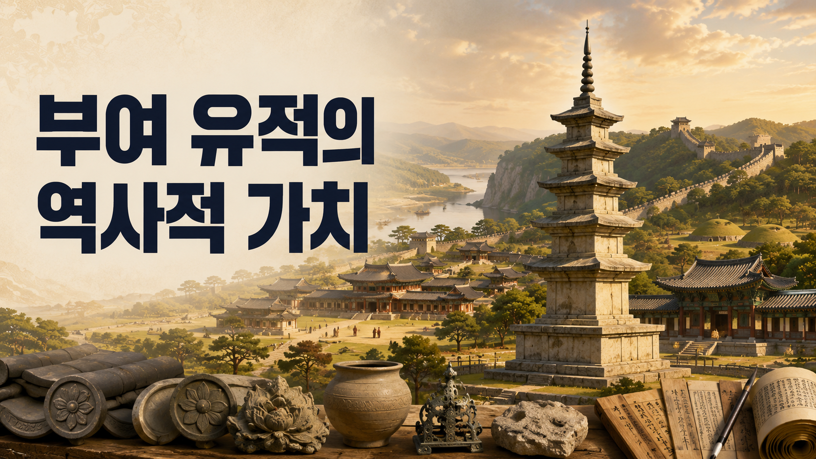 백제 사비 시대의 부여 유적과 정림사지 오층석탑, 관북리 왕궁, 부소산성, 부여 왕릉원을 역사적으로 사실감 있게 재현한 대표 이미지