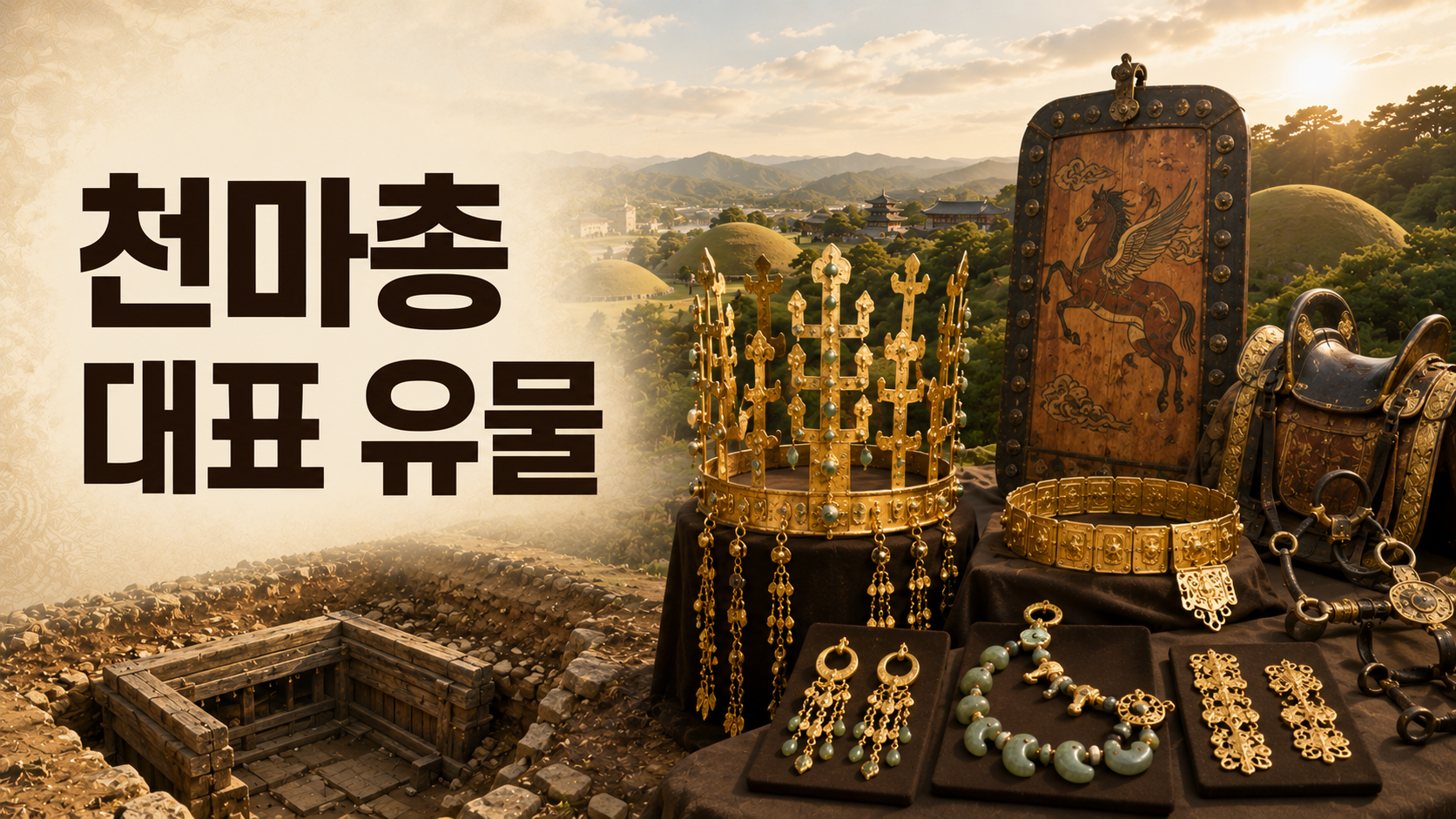 천마총에서 출토된 신라 금관과 천마도 장니를 중심으로 대표 유물을 사실적으로 표현한 역사 문화유산 이미지.
