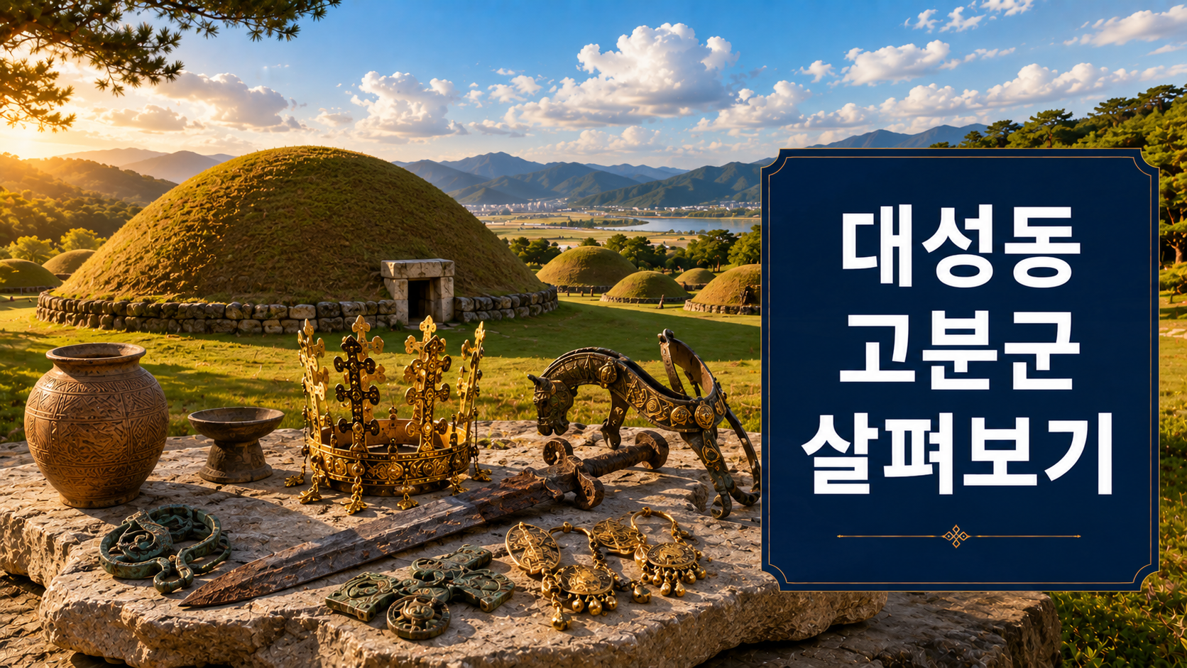 김해 대성동 고분군의 봉분과 금관가야 출토 유물을 사실적으로 표현한 대표 이미지.