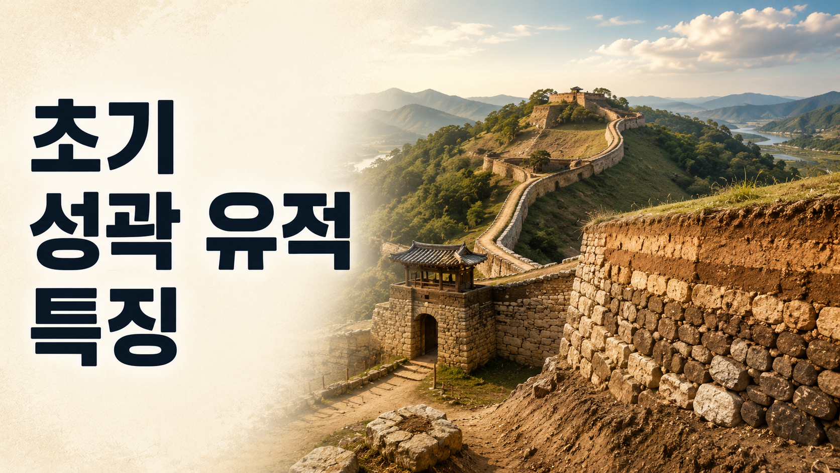 산 능선을 따라 축조된 한국 초기 성곽 유적과 자연지형 활용 방식을 사실적으로 표현한 대표 이미지