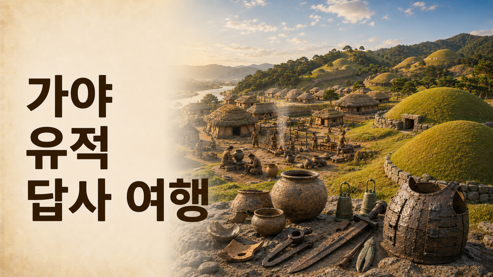 김해와 고령의 대표적인 가야 유적과 고분군, 고대 취락, 철기문화를 사실적으로 재현한 대표 이미지
