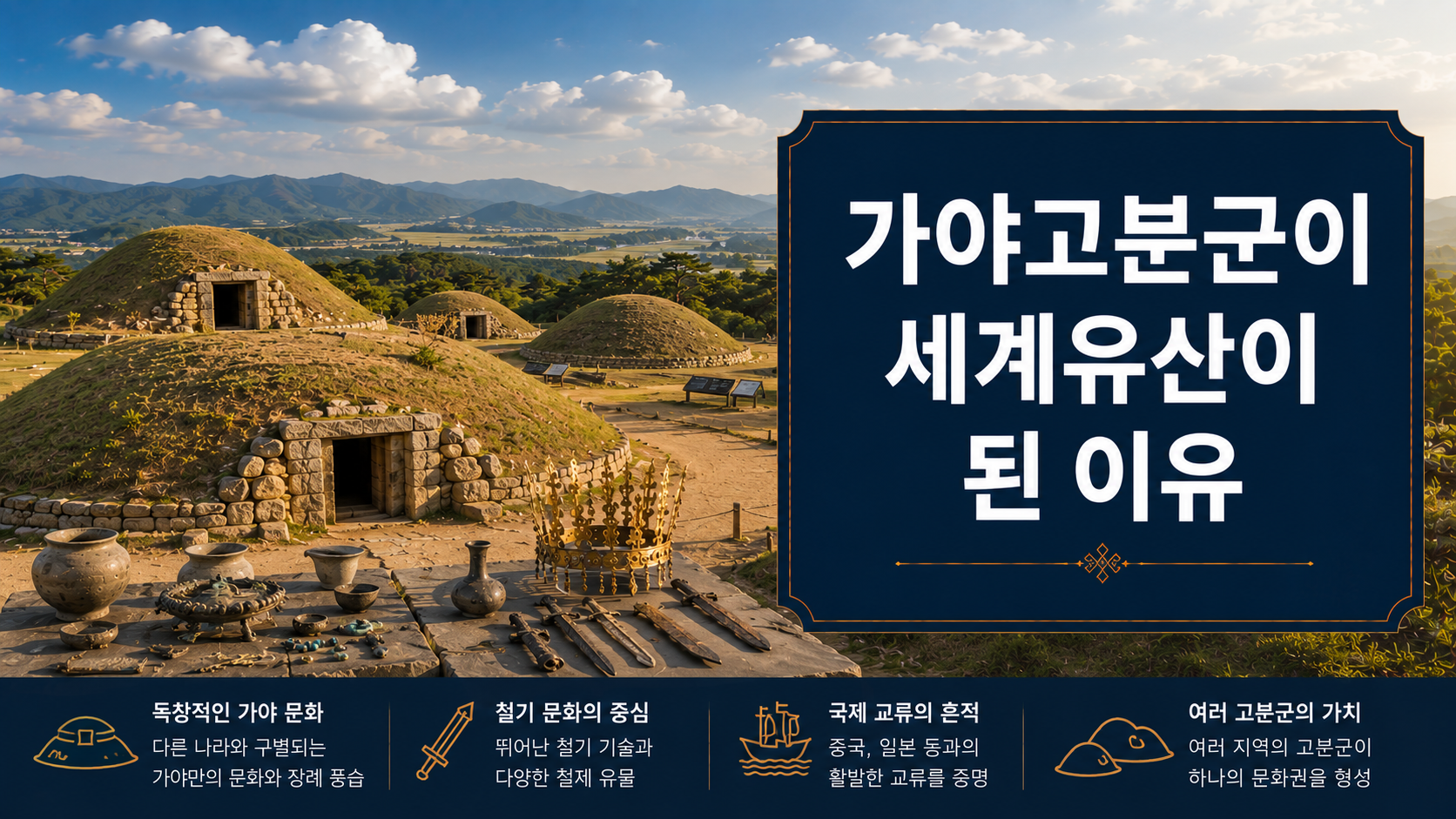 가야고분군의 대표 봉분과 철기 유물을 통해 세계유산의 역사적 가치를 표현한 이미지