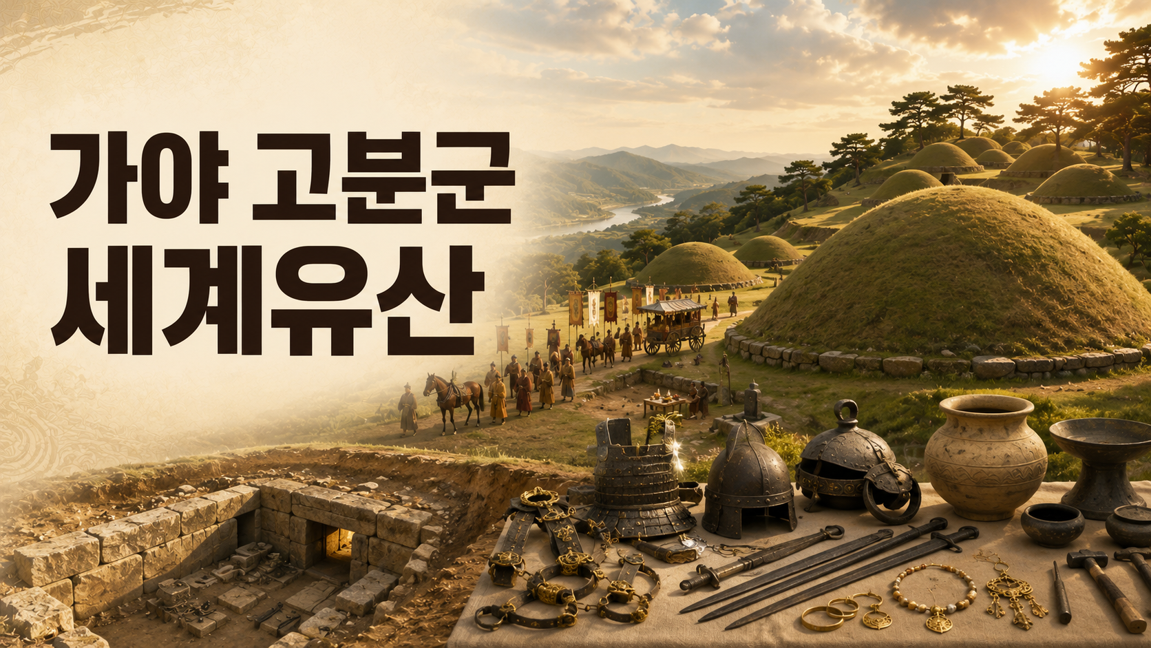 가야 고분군의 둥근 봉분과 철기 문화 유물을 사실적으로 표현한 세계유산 대표 이미지.