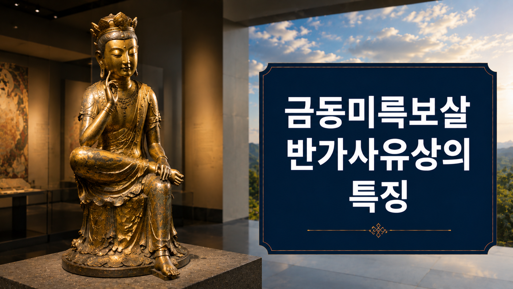 금동미륵보살반가사유상의 온화한 미소와 반가사유 자세를 사실적으로 표현한 한국 고대 문화유산 대표 이미지.