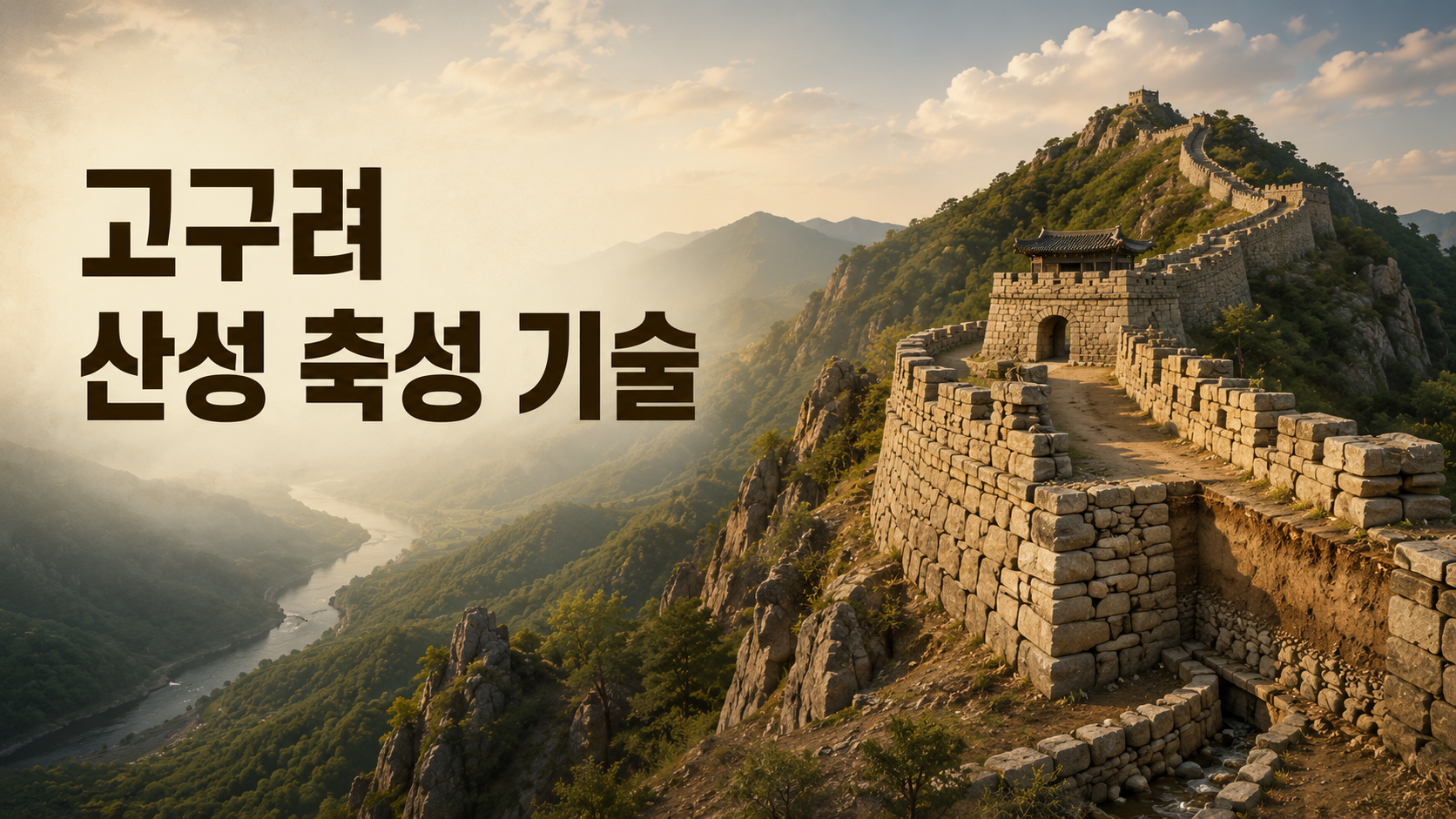 고구려 산성이 험준한 산 능선을 따라 이어지고 석축 성벽과 배수 구조가 보이는 역사 다큐멘터리 스타일 이미지.