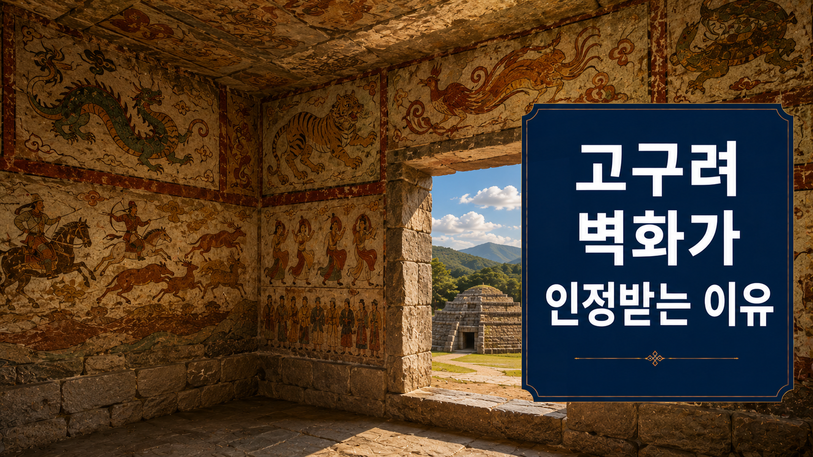 고구려 고분 내부의 사신도와 생활 풍속 벽화를 사실적으로 표현한 한국 고대 문화유산 이미지.