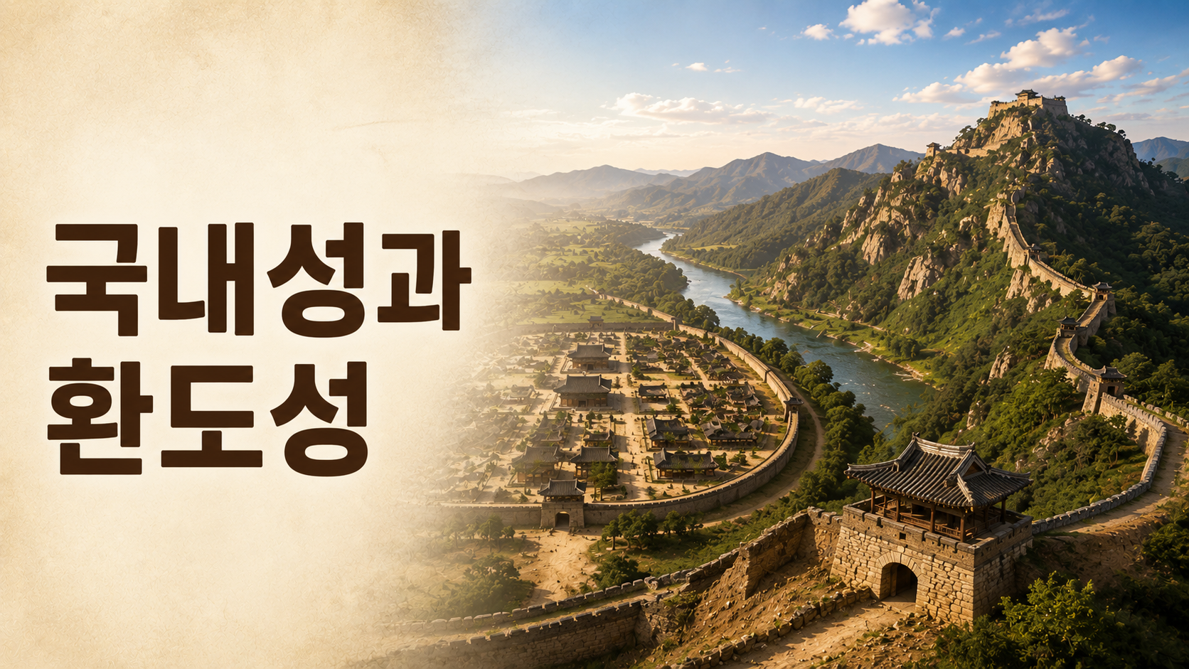 고구려 국내성과 환도성을 평지성과 산성의 특징이 대비되도록 사실적으로 재현한 대표 이미지