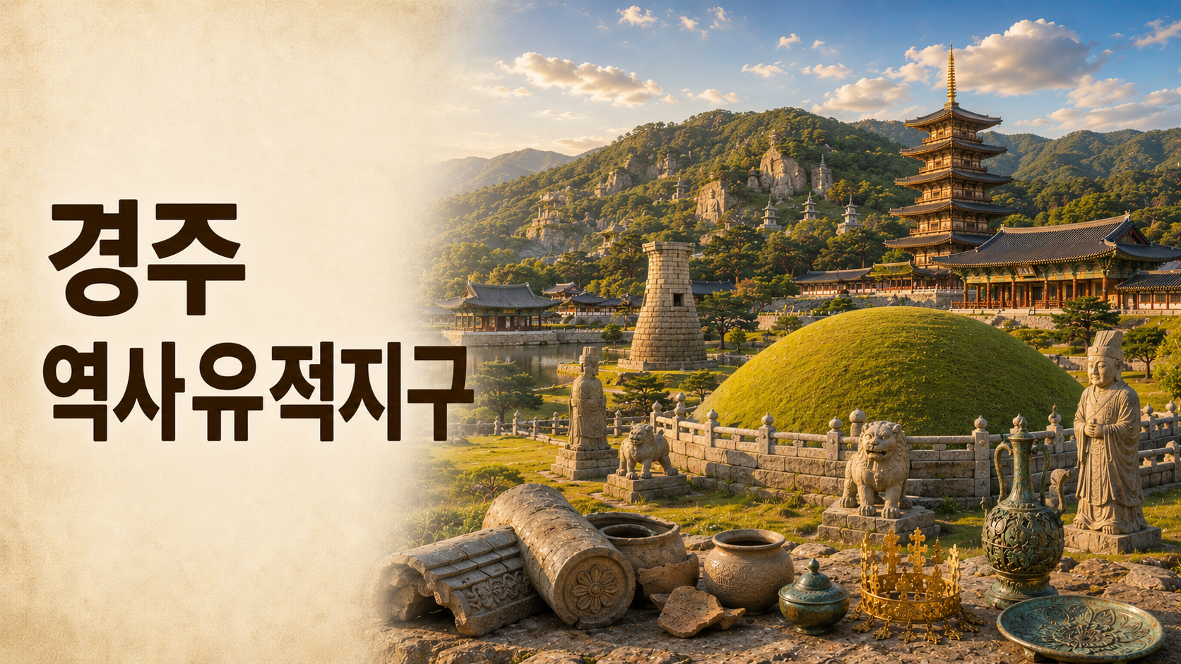 경주역사유적지구의 대릉원, 월성, 첨성대, 황룡사지와 남산 유적을 한 장면으로 재현한 대표 이미지