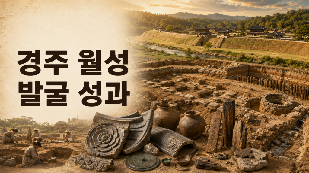 경주 월성 발굴 성과를 통해 밝혀진 신라 왕궁의 구조와 출토 유물을 담은 한국 고대 문화유산 대표 이미지.