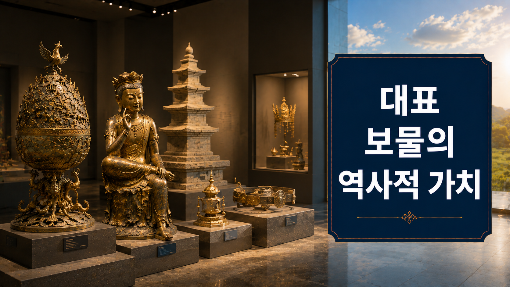 한국 고대 문화유산을 대표하는 보물들을 국립박물관 특별전 전시 형태로 표현한 대표 이미지.
