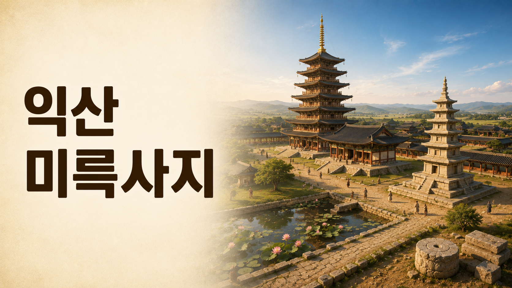 백제 시대 익산 미륵사지의 웅장한 사찰과 미륵사지 석탑을 사실적으로 복원한 대표 이미지