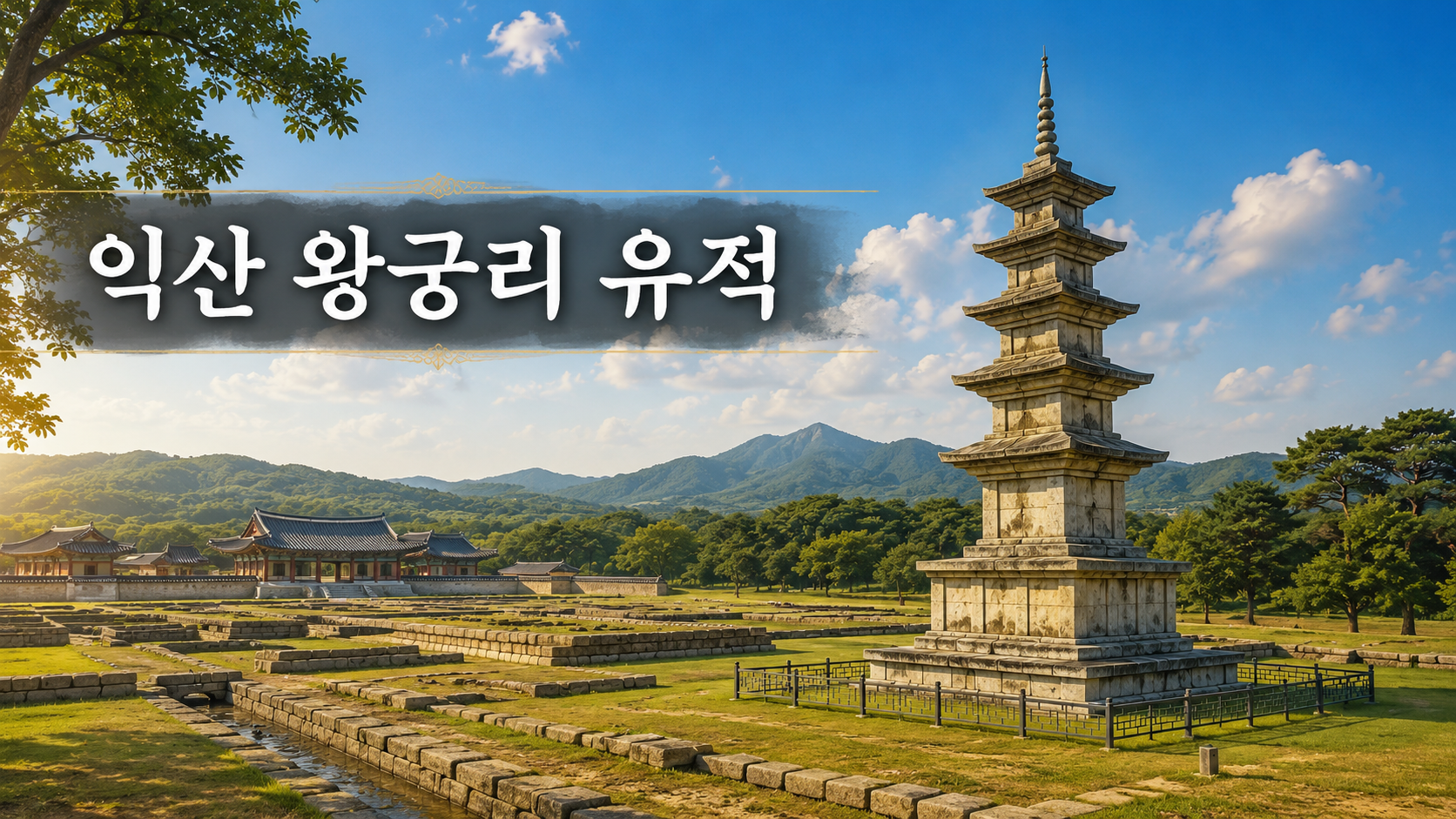 백제 시대 익산 왕궁리 유적과 국보 왕궁리 오층석탑을 사실적으로 표현한 역사 문화유산 대표 이미지.