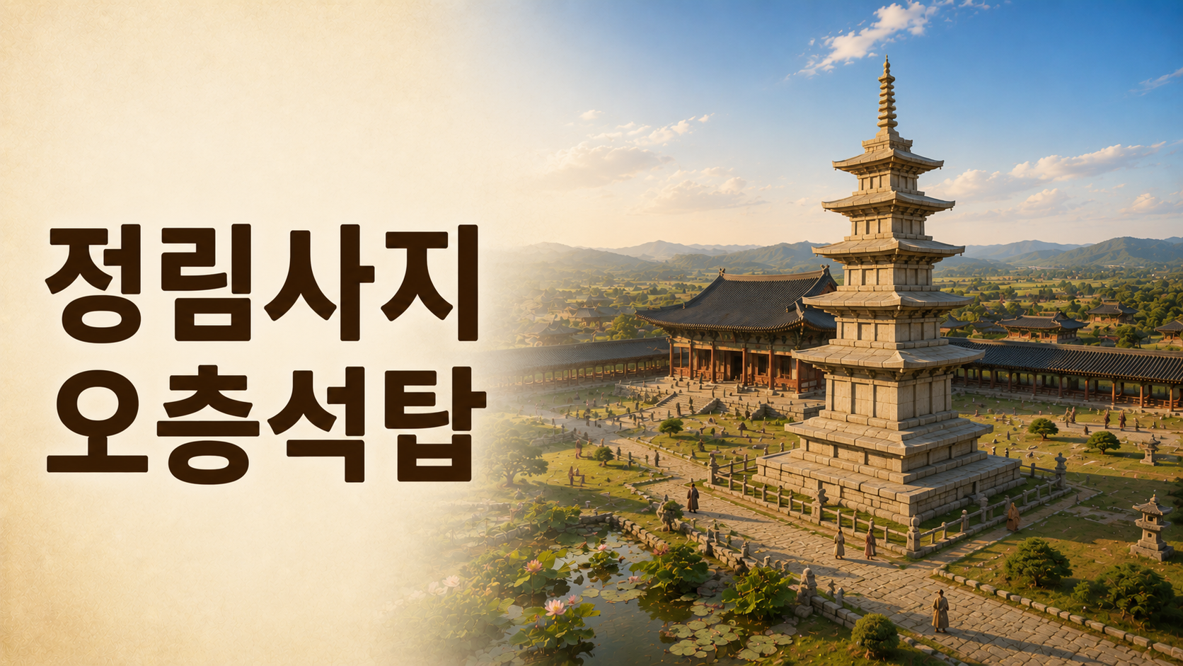 백제 시대 정림사지 오층석탑과 정림사지 사찰을 사실적으로 복원한 대표 이미지