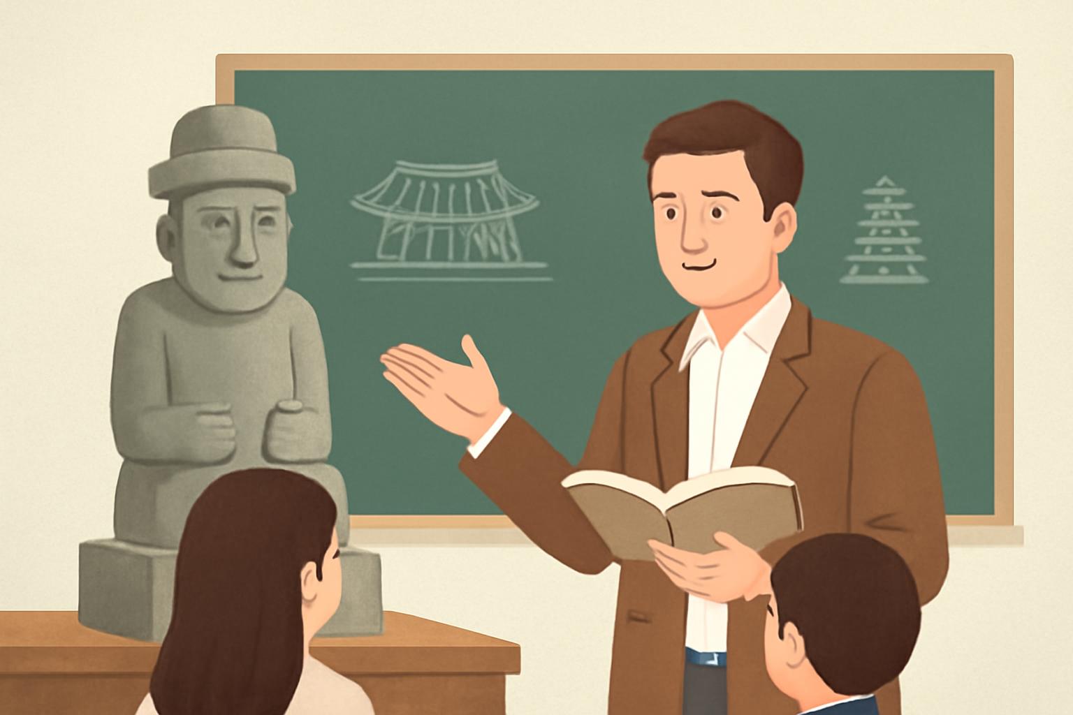 고대 문화유산을 활용한 학교 역사수업 현장을 보여주는 대표이미지 설명입니다.