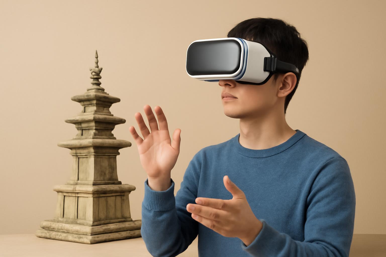VR 체험으로 한국 고대 문화유산을 생생하게 둘러보는 모습을 담은 이미지