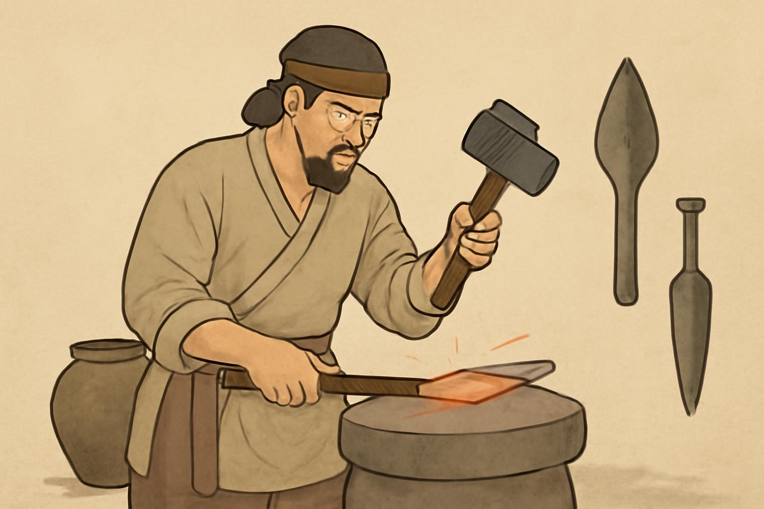 한국 고대 철기문화의 시작을 보여주는 유물 전시 이미지입니다.