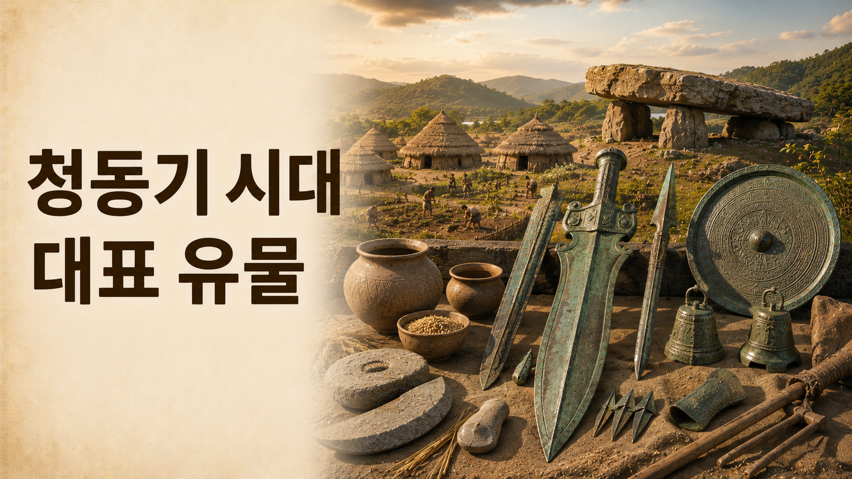 비파형 동검과 청동거울, 민무늬토기, 고인돌 등 한국 청동기 시대 대표 유물을 역사적으로 사실감 있게 재현한 대표 이미지
