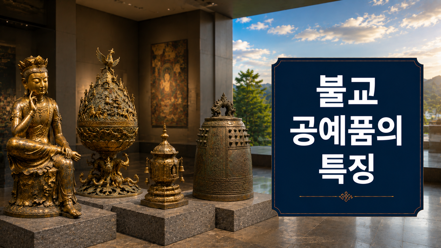 한국 고대 불교 공예품인 금동불상, 금동대향로, 사리기, 범종을 사실적으로 표현한 대표 이미지.