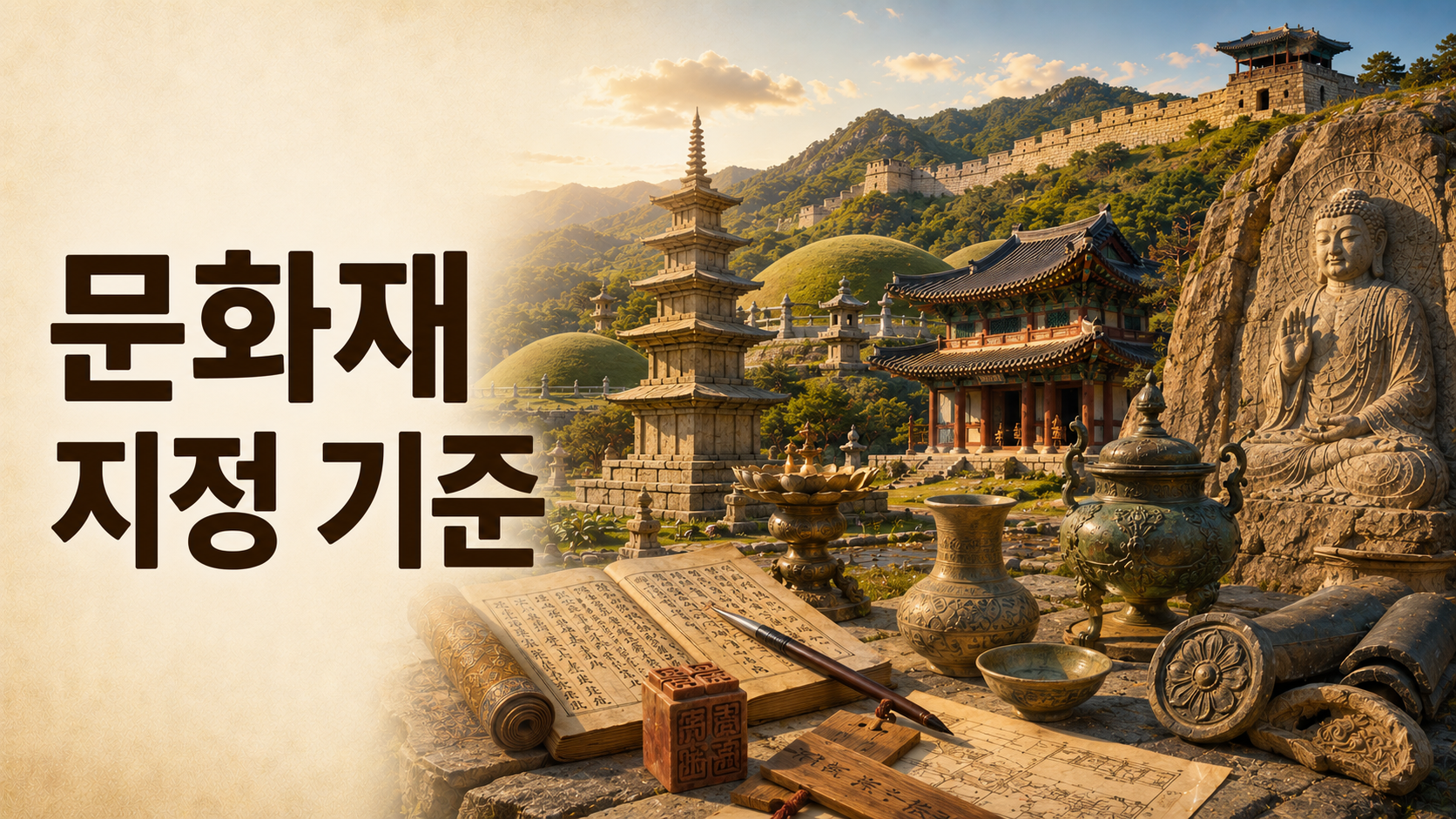 석탑, 신라 왕릉, 고구려 성곽, 마애불 등 한국의 대표적인 고대 문화유산과 기록 도구를 함께 표현한 대표 이미지