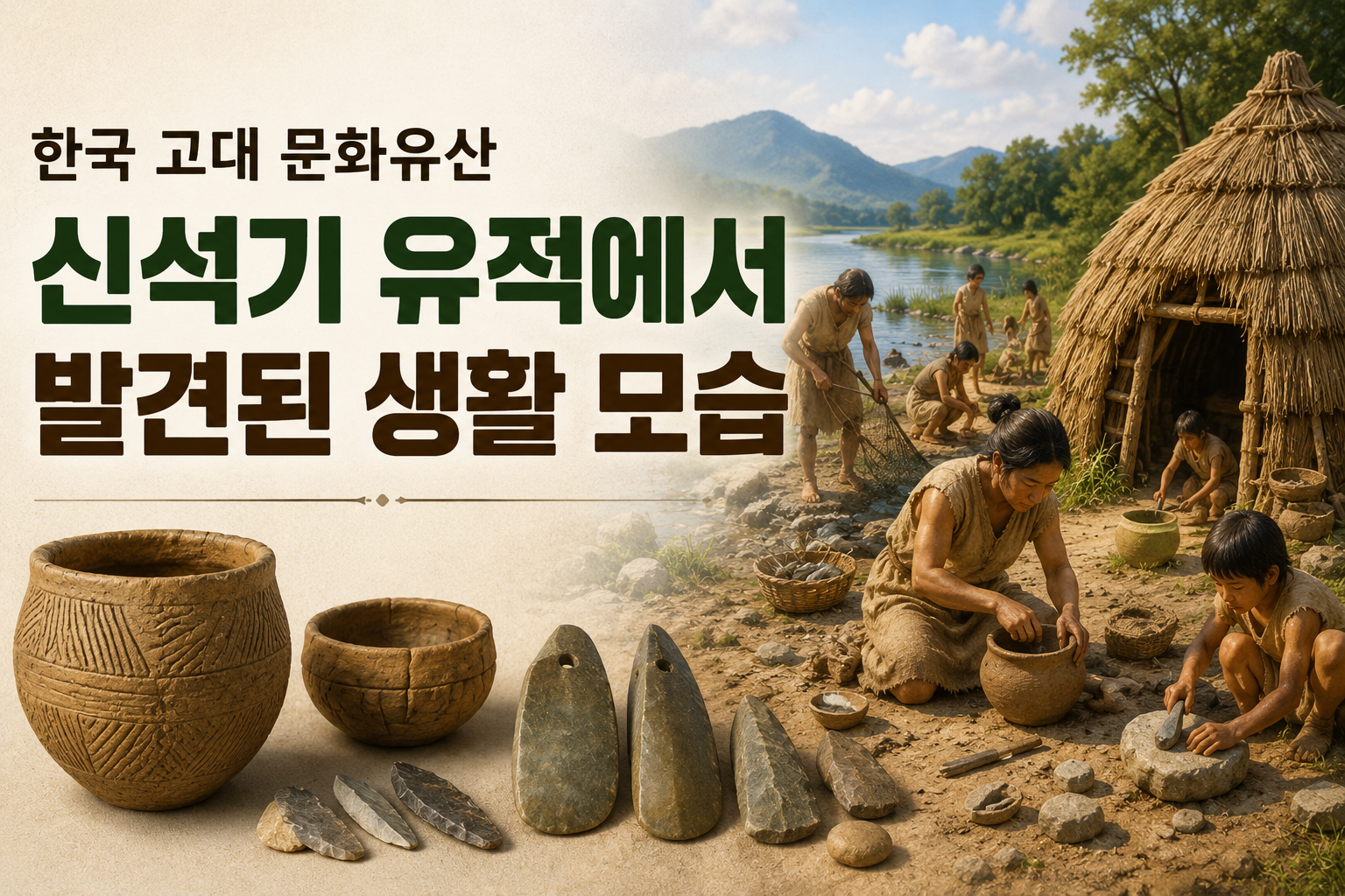 신석기 시대 강가 마을에서 움집과 빗살무늬토기, 간석기 제작, 어로 활동 등 당시 생활 모습을 재현한 대표 이미지