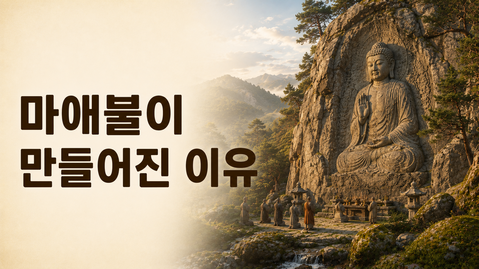 깊은 산속 자연 암벽에 새겨진 대형 마애불과 기도하는 승려를 사실적으로 재현한 대표 이미지