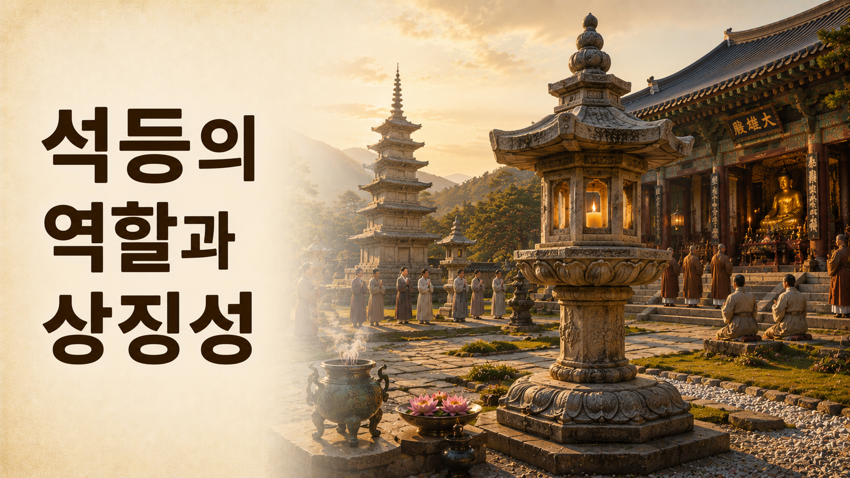 통일신라 시대 사찰의 석등과 금당, 석탑을 사실적으로 재현한 대표 이미지