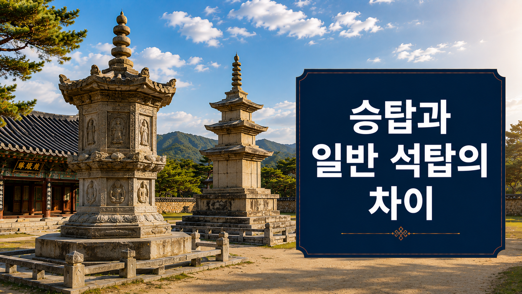 한국의 승탑과 일반 석탑을 사실적으로 비교하여 표현한 문화유산 대표 이미지.