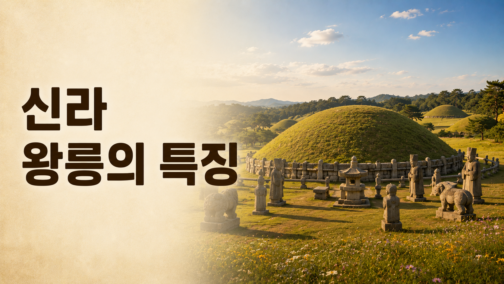 경주의 신라 왕릉과 둥근 봉분, 호석, 문인석과 무인석을 사실적으로 재현한 대표 이미지