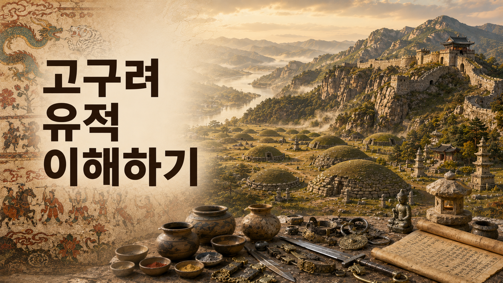 고구려 산성, 고분군, 고분벽화, 불교 유적을 함께 배치해 고구려 유적의 특징을 사실적으로 표현한 역사 문화유산 이미지.