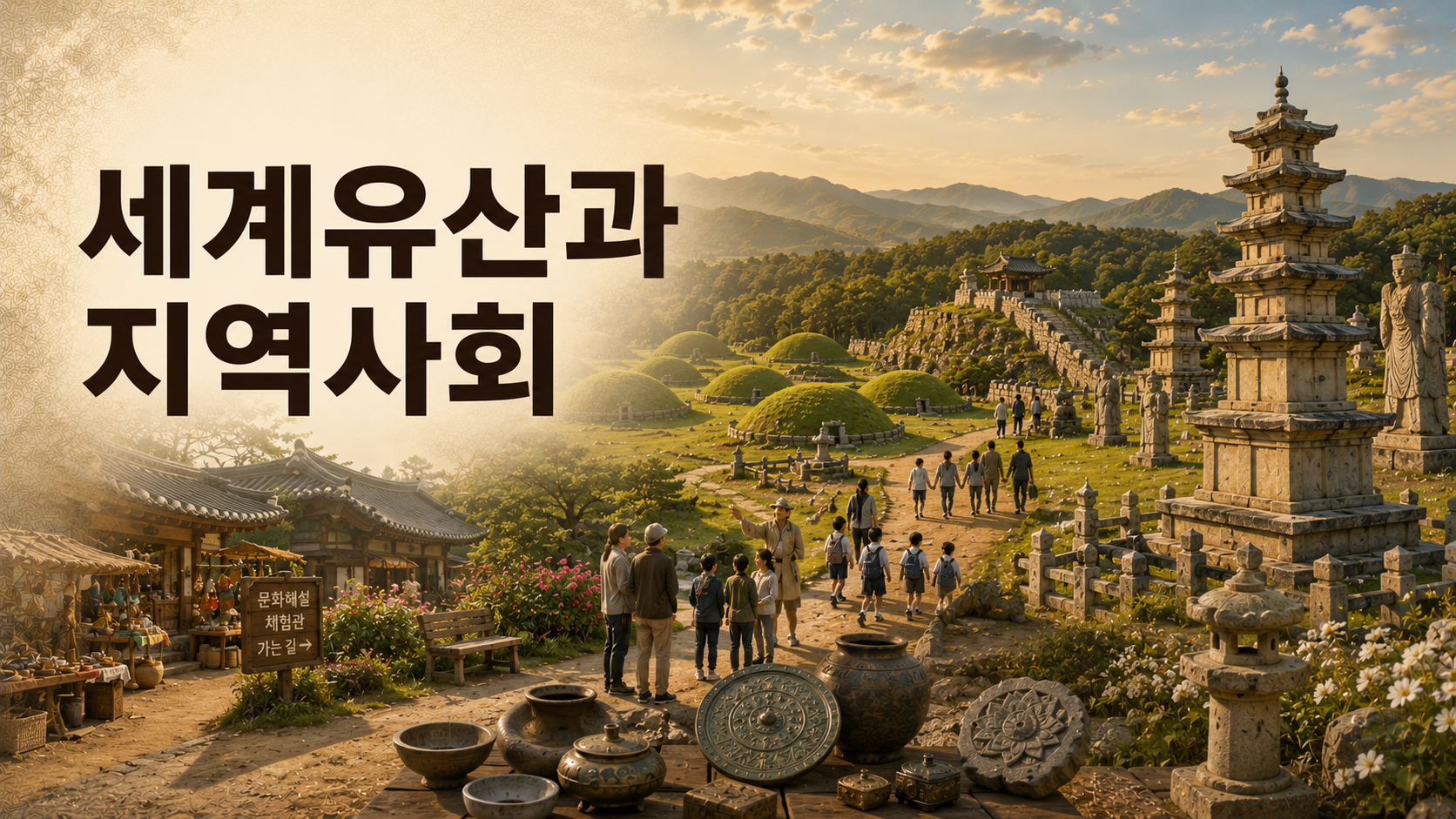 한국 고대 세계유산과 지역사회가 함께 공존하는 모습을 백제 석탑, 고분군, 문화해설, 지역 주민과 함께 사실적으로 표현한 역사 문화유산 이미지.
