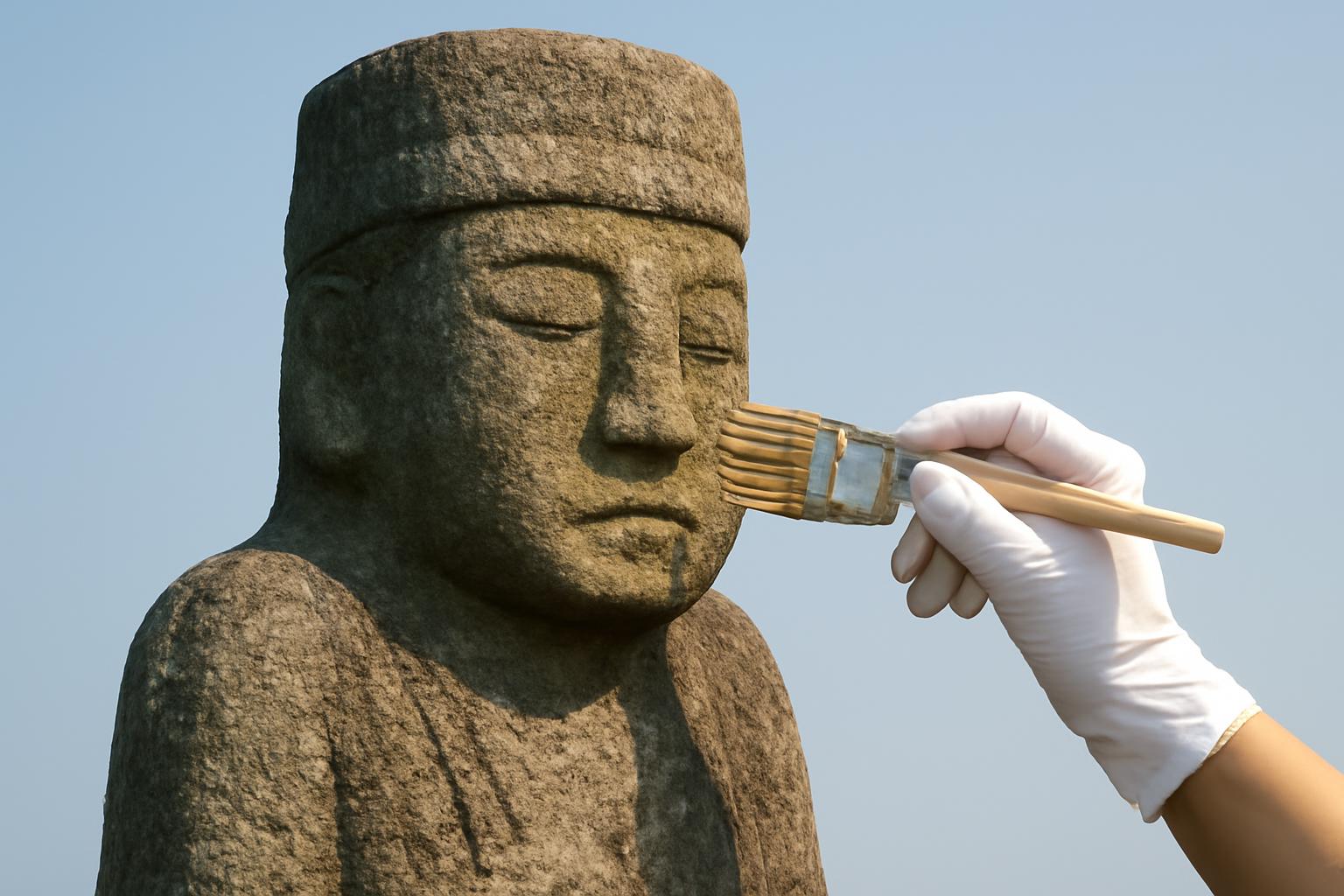 석조 문화재의 풍화와 균열 상태를 보여주는 한국 고대 문화유산 현장 사진