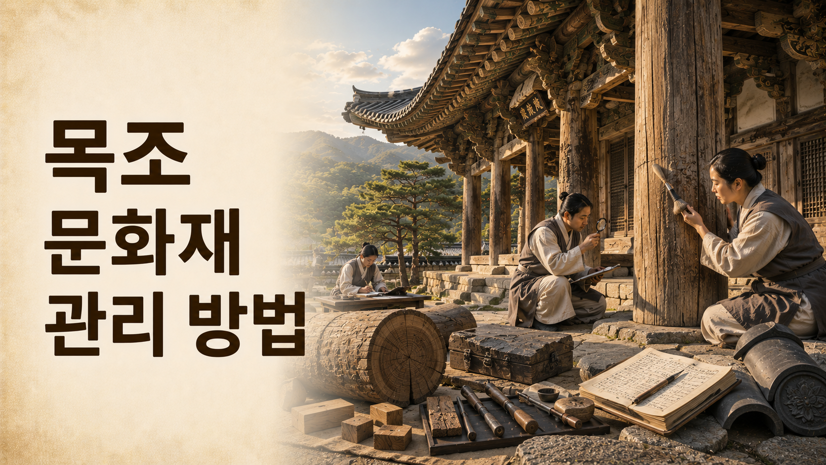 한국의 전통 목조 사찰에서 보존 전문가가 목조 문화재를 점검하고 관리하는 모습을 사실적으로 재현한 대표 이미지