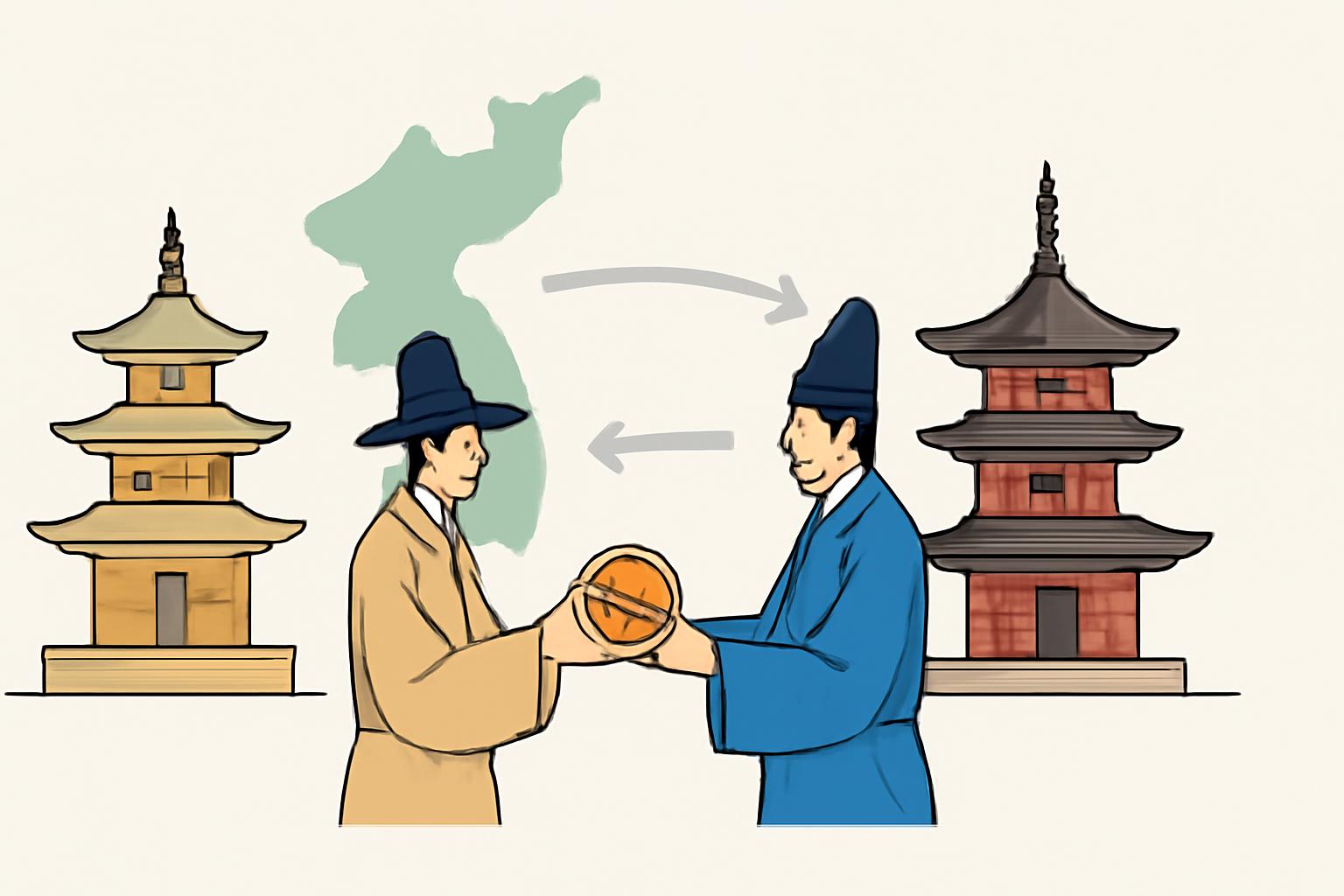 백제 문화가 일본에 전해진 과정을 보여주는 고대 교류 관련 대표 이미지입니다.